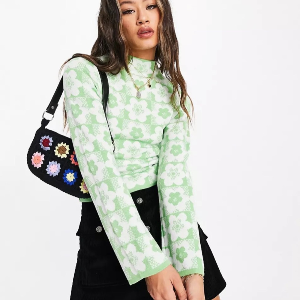 ASOS DESIGN high neck sweater in floral plaid pattern in green NWOT